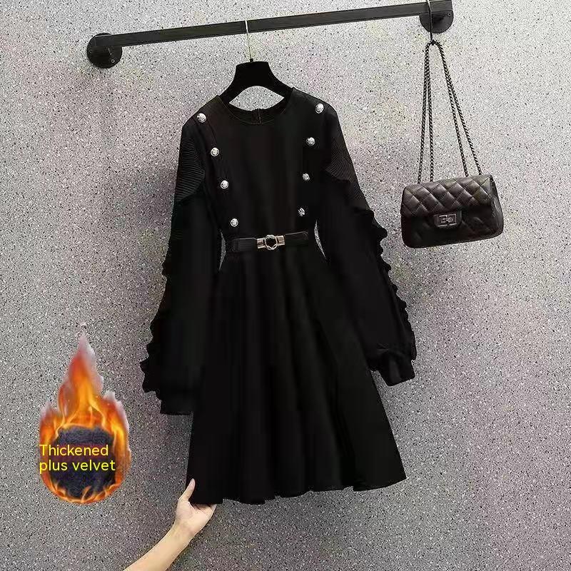 Осенне-зимнее платье Свободное модное черное платье средней длины