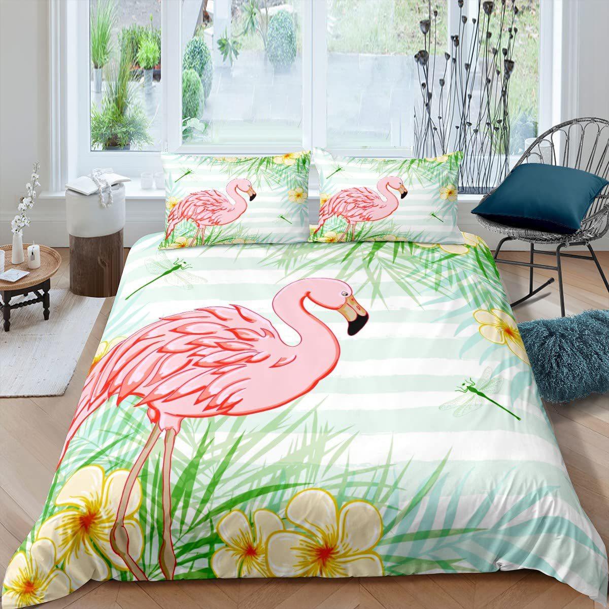 Тропический узор с фламинго Пододеяльник Комплект постельного белья Трехпредметный пододеяльник Подходит для украшения спальни EU single 135*200