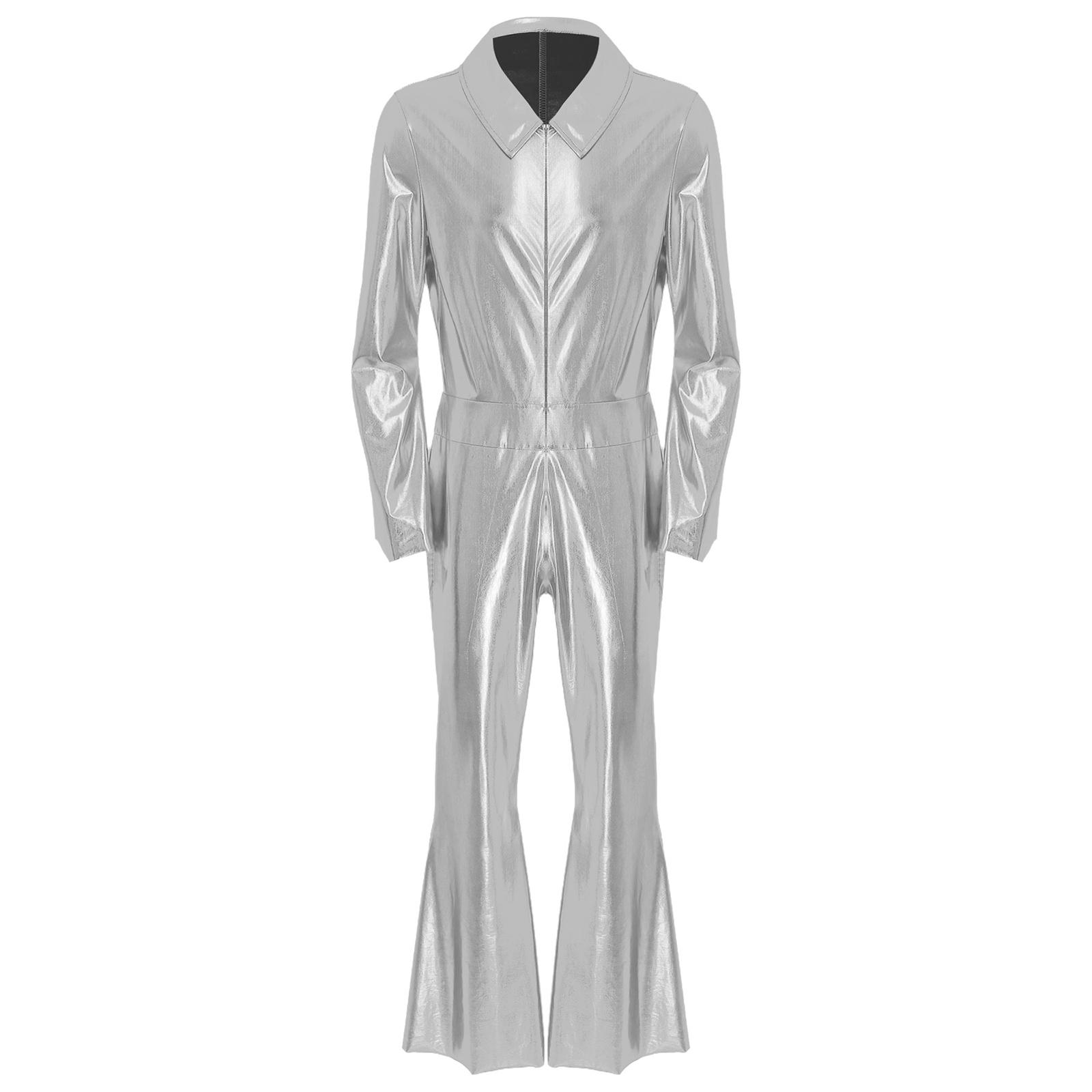 Чоловічий комбінезон диско 70-х Металевий блискучий дизайн Лацкан Рукав-кльош Передня блискавка Штани широкі від стегна M
Чоловічий комбінезон диско 70-х Металевий блискучий дизайн Лацкан Рукав-кльош Передня блискавка Штани широкі від стегна M