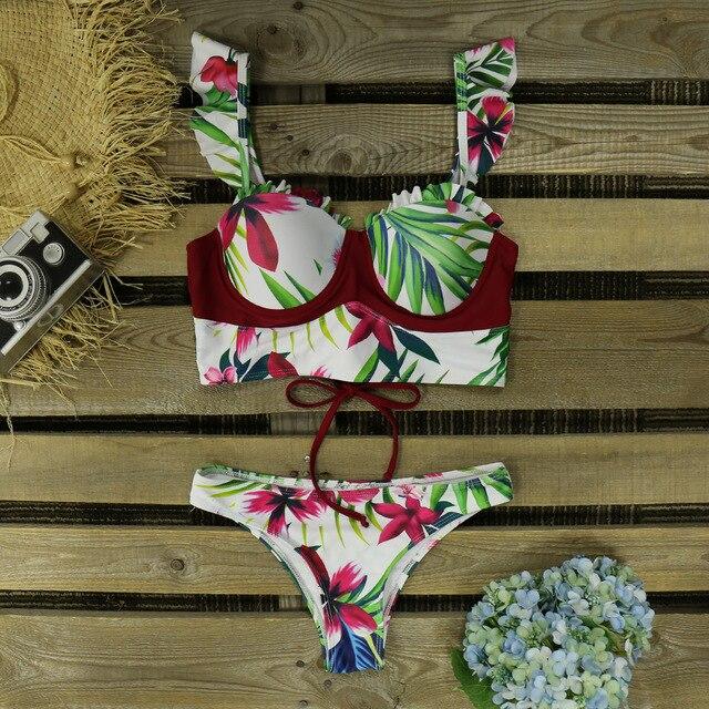 Buy Low Waisted Bikini Set Sexy Ruffle Floral Swimsuits Two Pieces