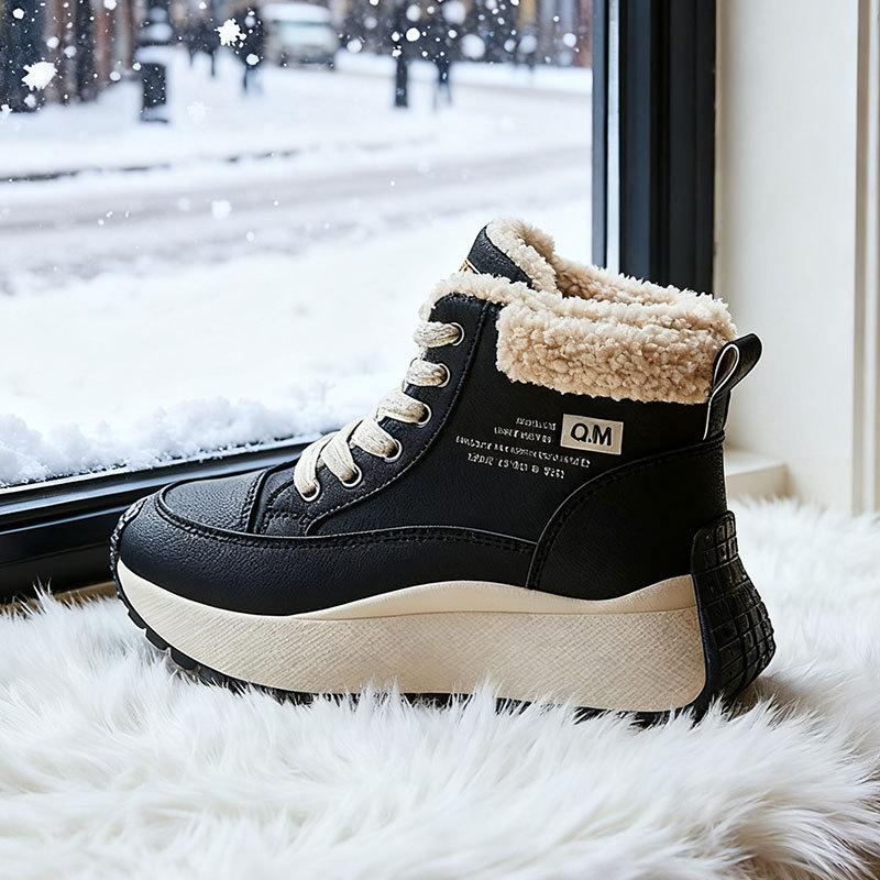 женские кроссовки на толстой подошве с высоким верхом, утепленные флисом зимние ботинки, новая зимняя пушистая хлопковая обувь, теплая и увеличивающая рост спортивная обувь 37 чёрный