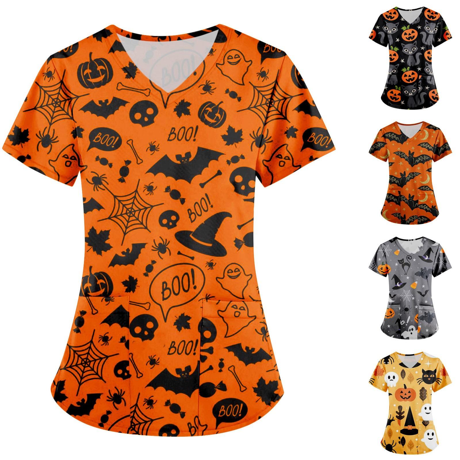 Women Fashion Halloween Printing Short Sleeve V-Neck Tops Working Uniform Pocket Blouse
Women Fashion Halloween Printing Short Sleeve V-Neck Tops Working Uniform Pocket Blouse