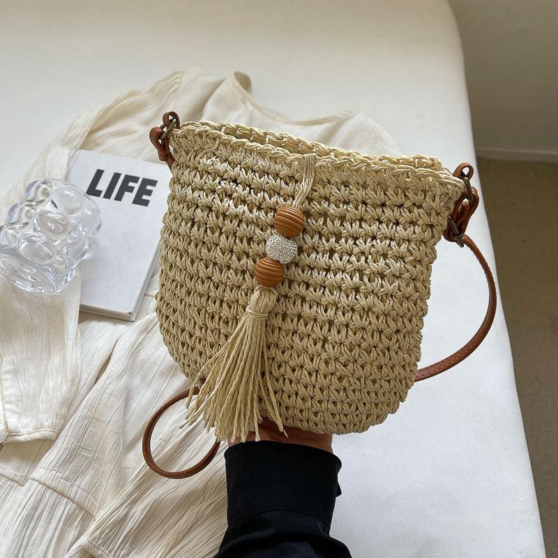 Сумка-косичка с бахромой в стиле бохо, женская летняя пляжная соломенная сумка, повседневная универсальная сумка через плечо бежевый