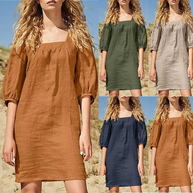 New Cotton and Linen Dress with Five Quarter Sleeves and Bubble Sleeves, Casual Loose Short Skirt for Women S хаки
New Cotton and Linen Dress with Five Quarter Sleeves and Bubble Sleeves, Casual Loose Short Skirt for Women S хаки