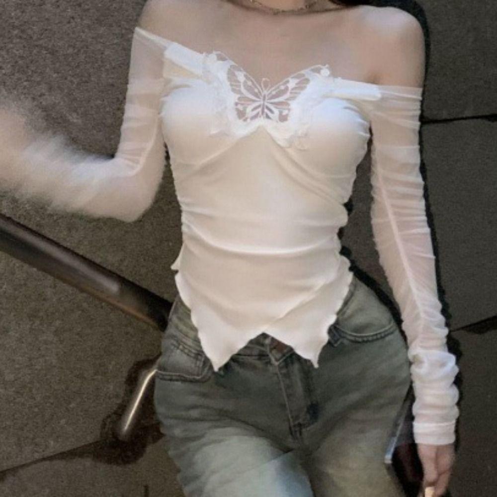 Tansparent Butterfly Cropped Mesh T-shirt Long Sleeve Deeptown Off Shoulder Tops Summer/Spring
Tansparent Butterfly Cropped Mesh T-shirt Long Sleeve Deeptown Off Shoulder Tops Summer/Spring