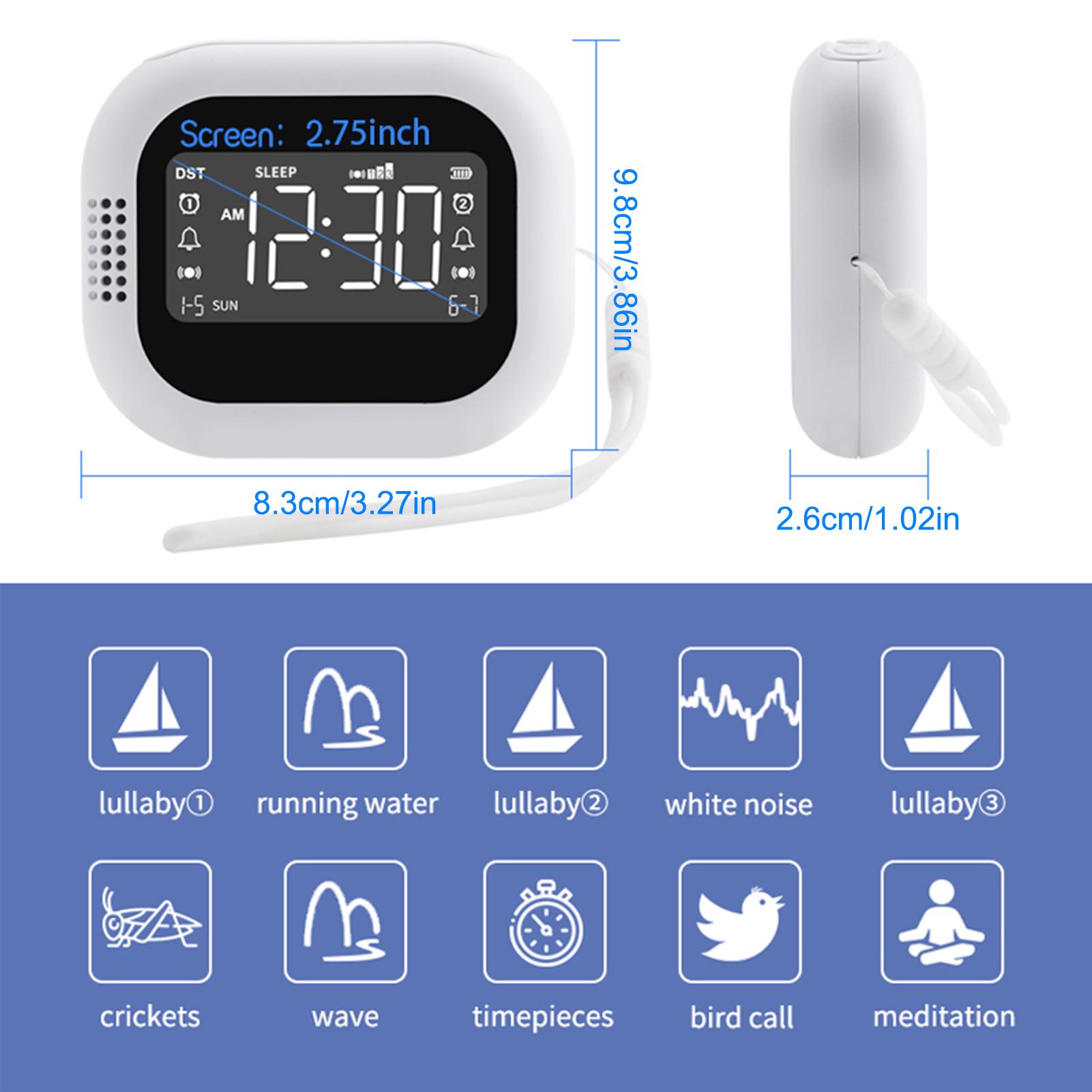 Вибрирующий будильник с двойными будильниками, цифровая машина белого шума, 10 успокаивающих звуков, 3 будильника
Вибрирующий будильник с двойными будильниками, цифровая машина белого шума, 10 успокаивающих звуков, 3 будильника