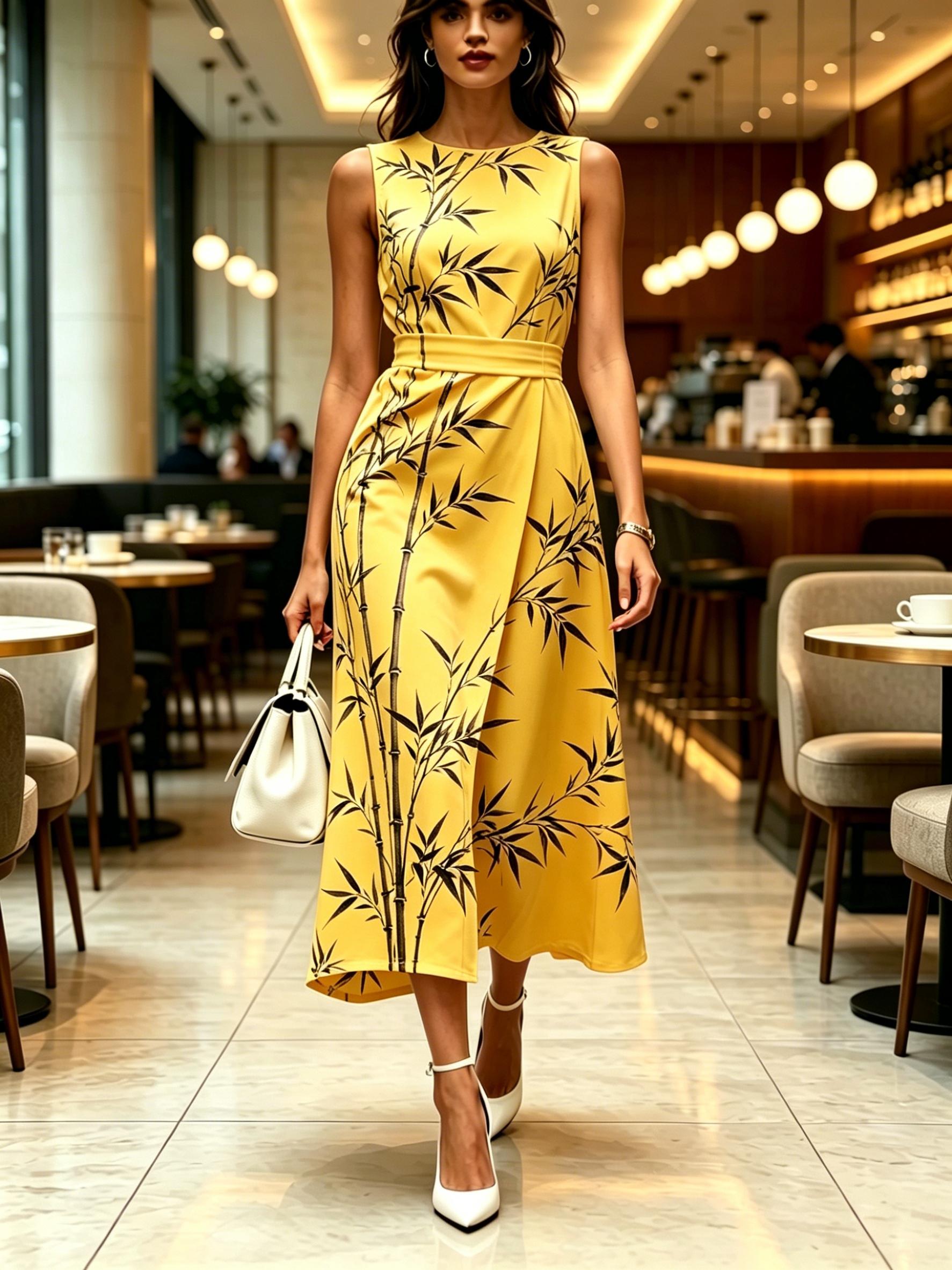 Round neck sleeveless midi dress with black bamboo print yellow color modern elegant casual fashionable womens clothing for spring summer and autumn XXL
Round neck sleeveless midi dress with black bamboo print yellow color modern elegant casual fashionable womens clothing for spring summer and autumn XXL