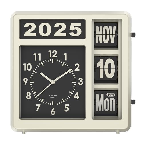 RELAX Flip Calendar Clock, Retro Analog Display with Quiet Design, Automatic Switching, Manual Adjustment, Date, Day of the Week, and Year Display, In
RELAX Flip Calendar Clock, Retro Analog Display with Quiet Design, Automatic Switching, Manual Adjustment, Date, Day of the Week, and Year Display, In