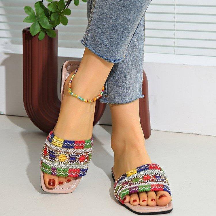 Внешняя торговля большой размер крутые тапочки женские 2025 лето новый квадратный носок плоская подошва односимвольный цветной блок уличная одежда пляжные крутые тапочки 42 розовый