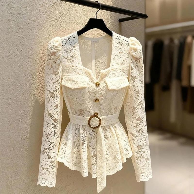 Spring Women s Lace Peplum Long Sleeve Square Neck Blouse with Belt S
Spring Women s Lace Peplum Long Sleeve Square Neck Blouse with Belt S