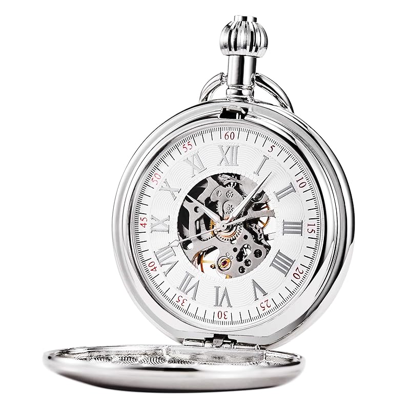 TREEWETO mechanical pocket watch classic antique skeleton roman numerals silver with chain
TREEWETO mechanical pocket watch classic antique skeleton roman numerals silver with chain