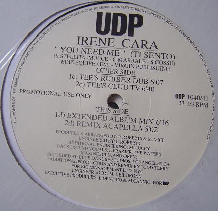 12inch Record IRENE CARA - You Need Me (Ti Sento) UDP104041PROMO UDP 1996 Italy Dance & Electronica Used
12inch Record IRENE CARA - You Need Me (Ti Sento) UDP104041PROMO UDP 1996 Italy Dance & Electronica Used