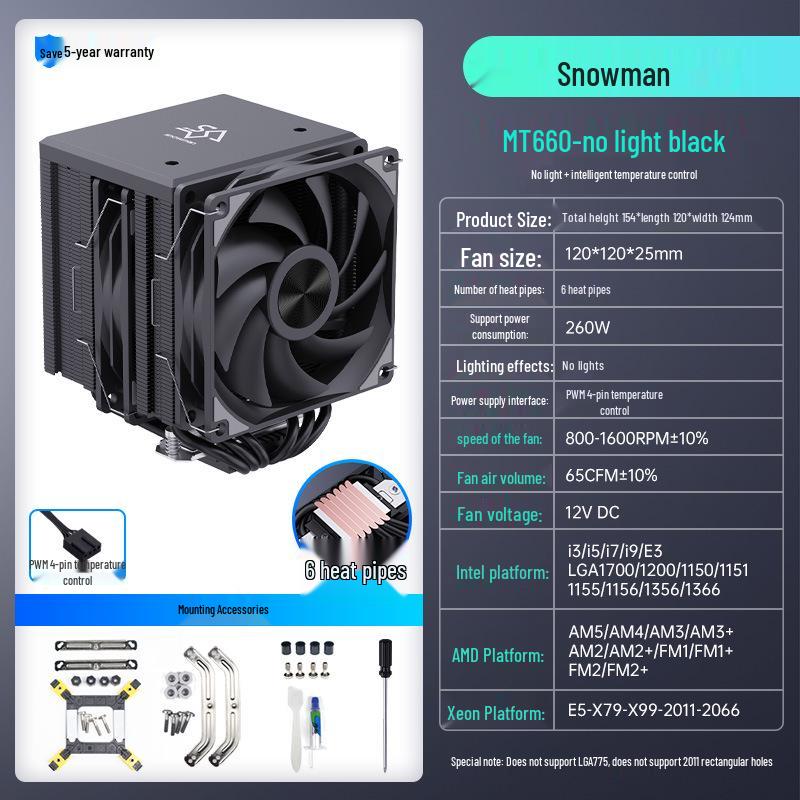 SNOWMAN Bingman MT660 Двобаштовий кулер для ЦП, 6 теплових трубок, Сумісний з 1700/X99/2011/AM4/AM5.
SNOWMAN Bingman MT660 Двобаштовий кулер для ЦП, 6 теплових трубок, Сумісний з 1700/X99/2011/AM4/AM5.