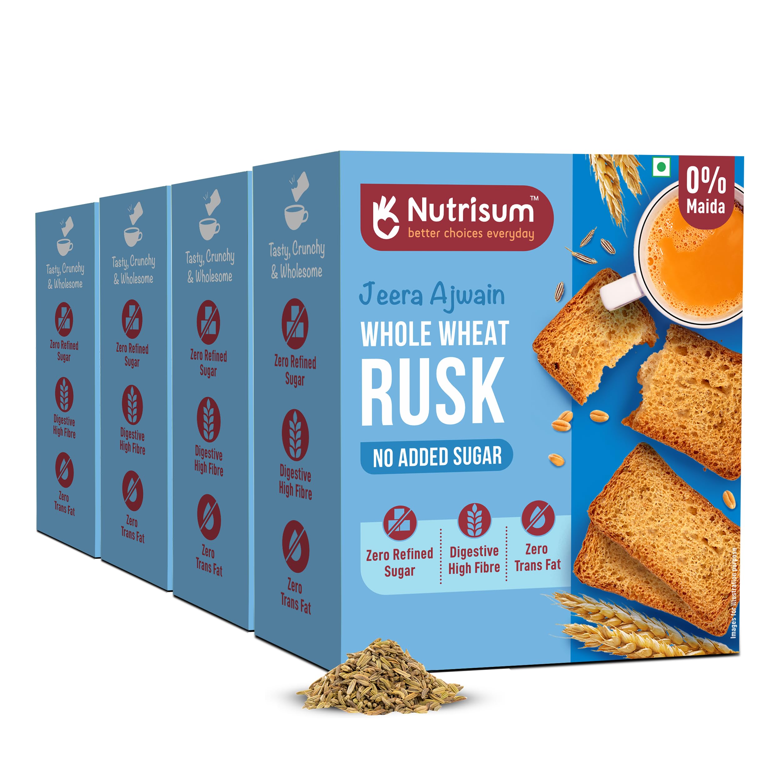 Nutrisum Premium Whole Wheat Rusk Jeera & Ajwain Flavour, High Fiber, Refined Sugar Free, Tea Toasts 180 gms (Pack of 4)
Nutrisum Premium Whole Wheat Rusk Jeera & Ajwain Flavour, High Fiber, Refined Sugar Free, Tea Toasts 180 gms (Pack of 4)