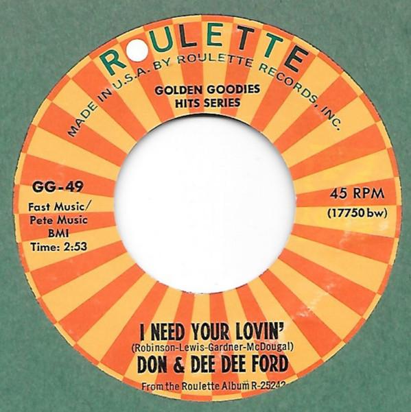 7inch Record DON GARDNER & DEE DEE FORD / BUSTER - I Need Your Lovin / Fannie Mae GG49 Roulette US Soul/Funk Used
7inch Record DON GARDNER & DEE DEE FORD / BUSTER - I Need Your Lovin / Fannie Mae GG49 Roulette US Soul/Funk Used