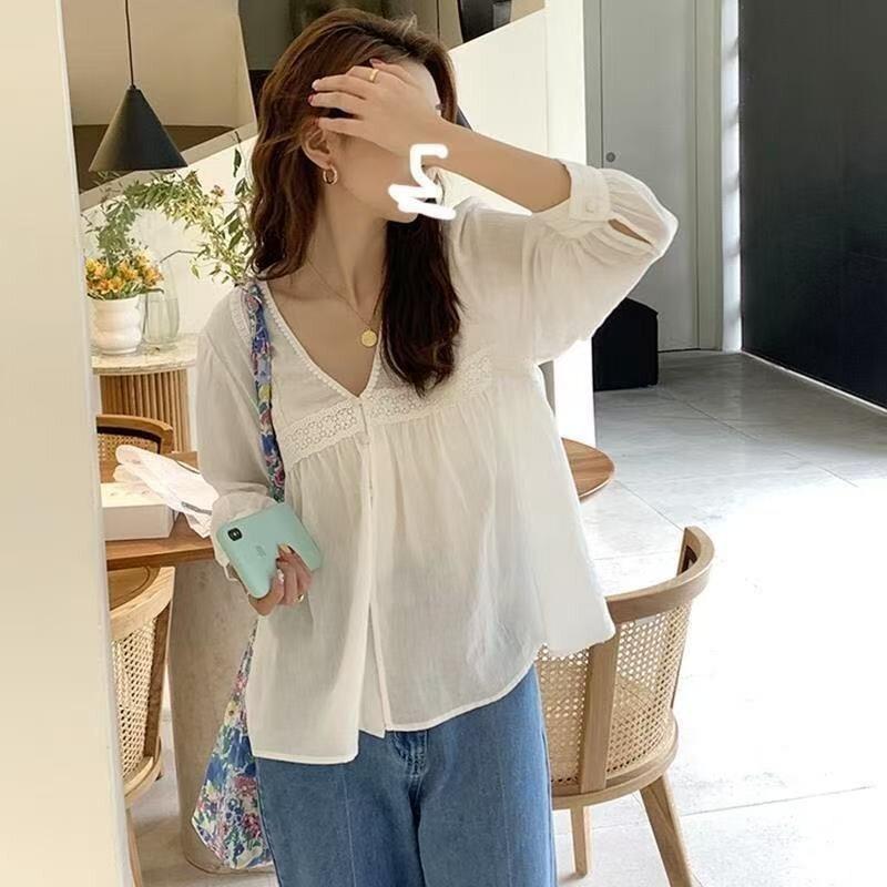 women lace trim v neck blouse three quarter sleeve loose fit casual solid color button up shirt S белый
women lace trim v neck blouse three quarter sleeve loose fit casual solid color button up shirt S белый