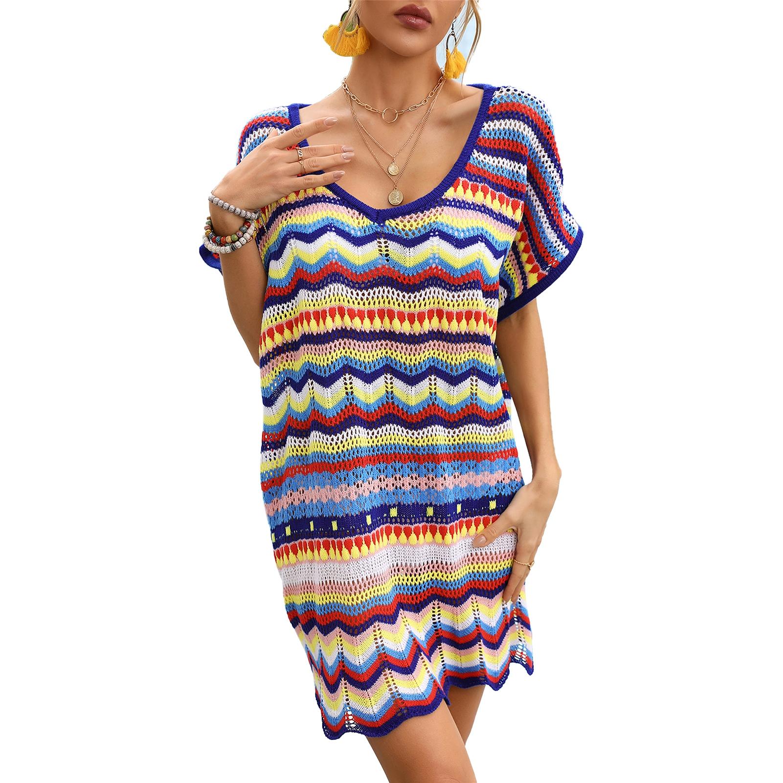 Women Bikini Coverup V Neck Colorful Wavy Stripes Patterns Hollow Up Knitted Swimsuit Covering M синій
Women Bikini Coverup V Neck Colorful Wavy Stripes Patterns Hollow Up Knitted Swimsuit Covering M синій