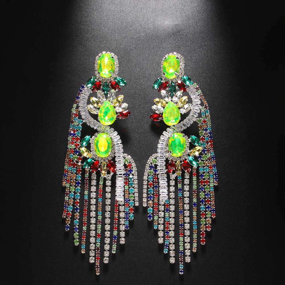 Новые Модные Серьги со Стразами Персонализированные Флуоресцентно-зеленые Преувеличенные Серьги с Бахромой Блестящие Ювелирные Серьги серебряный