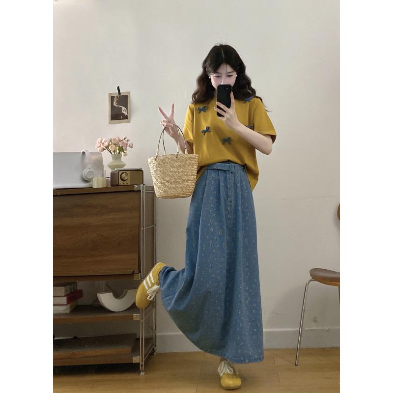 Korean Style Bow Short Sleeve Top & Floral Denim Skirt Set for Women M
Korean Style Bow Short Sleeve Top & Floral Denim Skirt Set for Women M