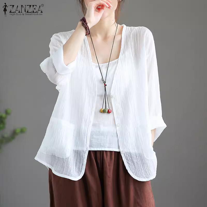 ZANZEA Женский летний прозрачный повседневный кардиган с длинными рукавами, блузка с накидкой
ZANZEA Женский летний прозрачный повседневный кардиган с длинными рукавами, блузка с накидкой