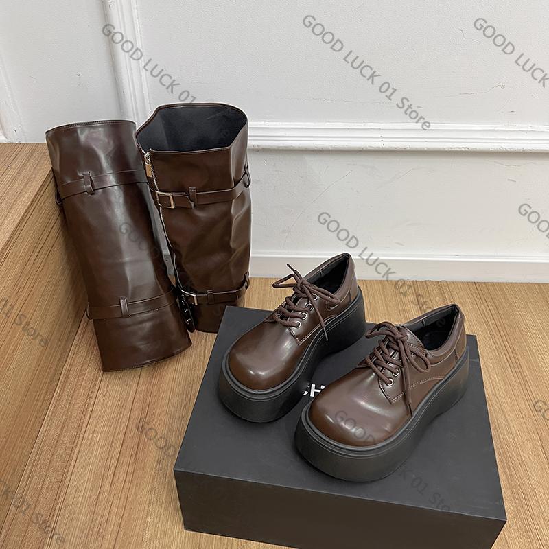 Мода 2025 Осень Зима Массивный Стиль Женские Сапоги до Колена Модные Съемные Женские На Толстом Каблуке Длинные Ботильоны 40 коричневый