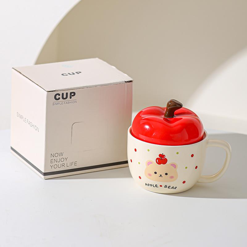 Креативная мультяшная кружка-яблоко с медведем, офисная с крышкой, кофейная чашка, чашка для воды, бытовая, для пары, чашка для молока и завтрака 301-400ml