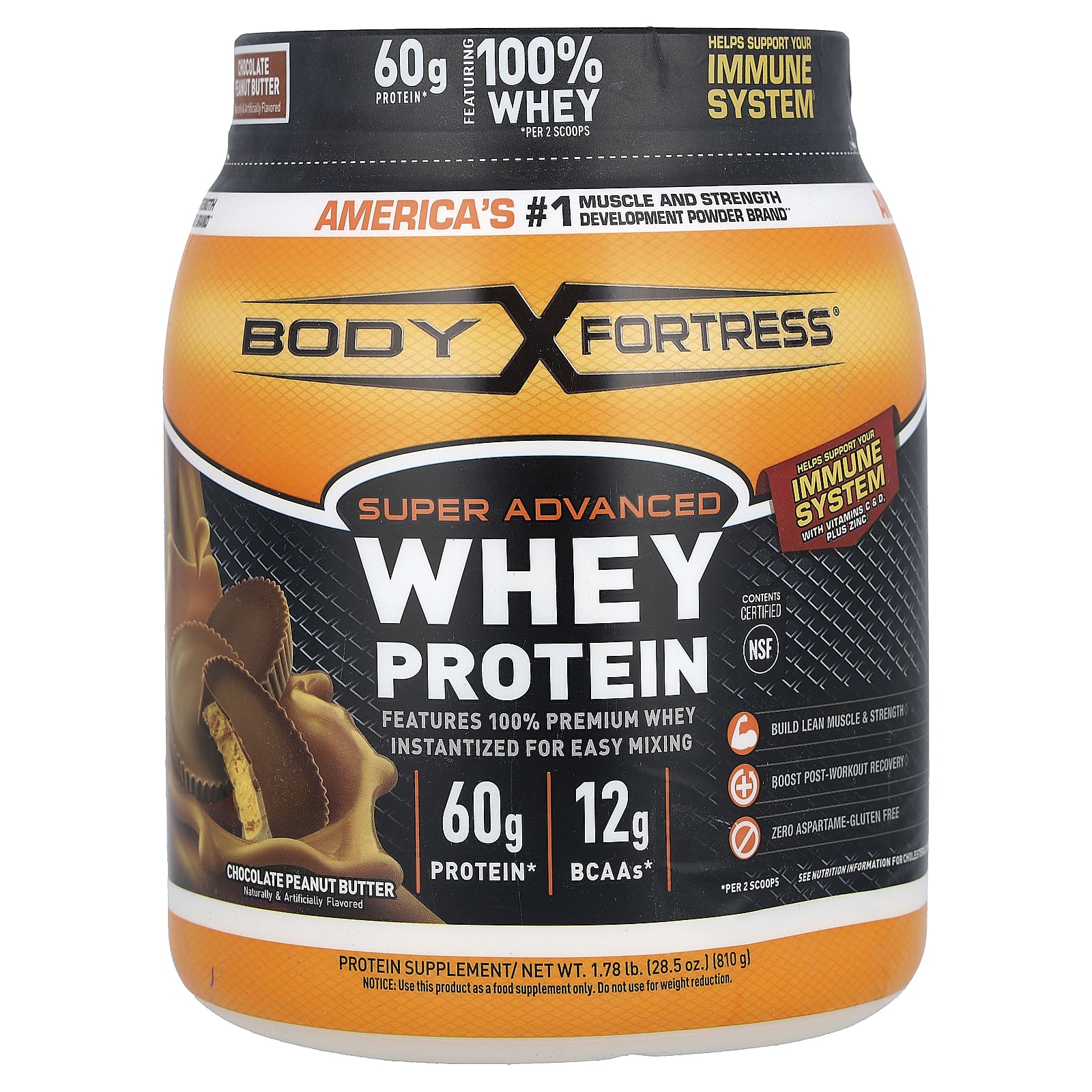 Body Fortress, Super Advanced Whey Protein, Chocolate Peanut Butter Flavor, 1.78 lb (810 g)
Body Fortress, Super Advanced Whey Protein, Chocolate Peanut Butter Flavor, 1.78 lb (810 g)