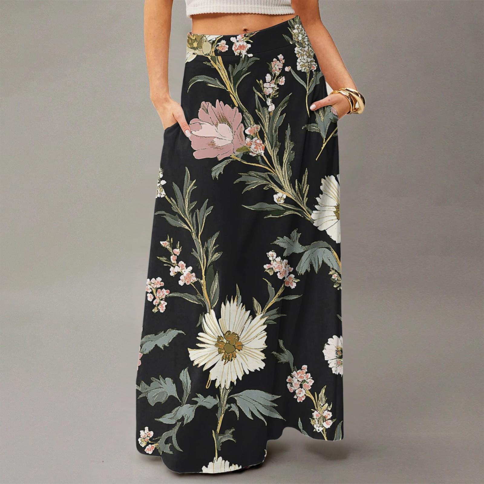 Женское струящееся платье макси, обычная повседневная юбка в стиле бохо с цветочным принтом XL чёрный