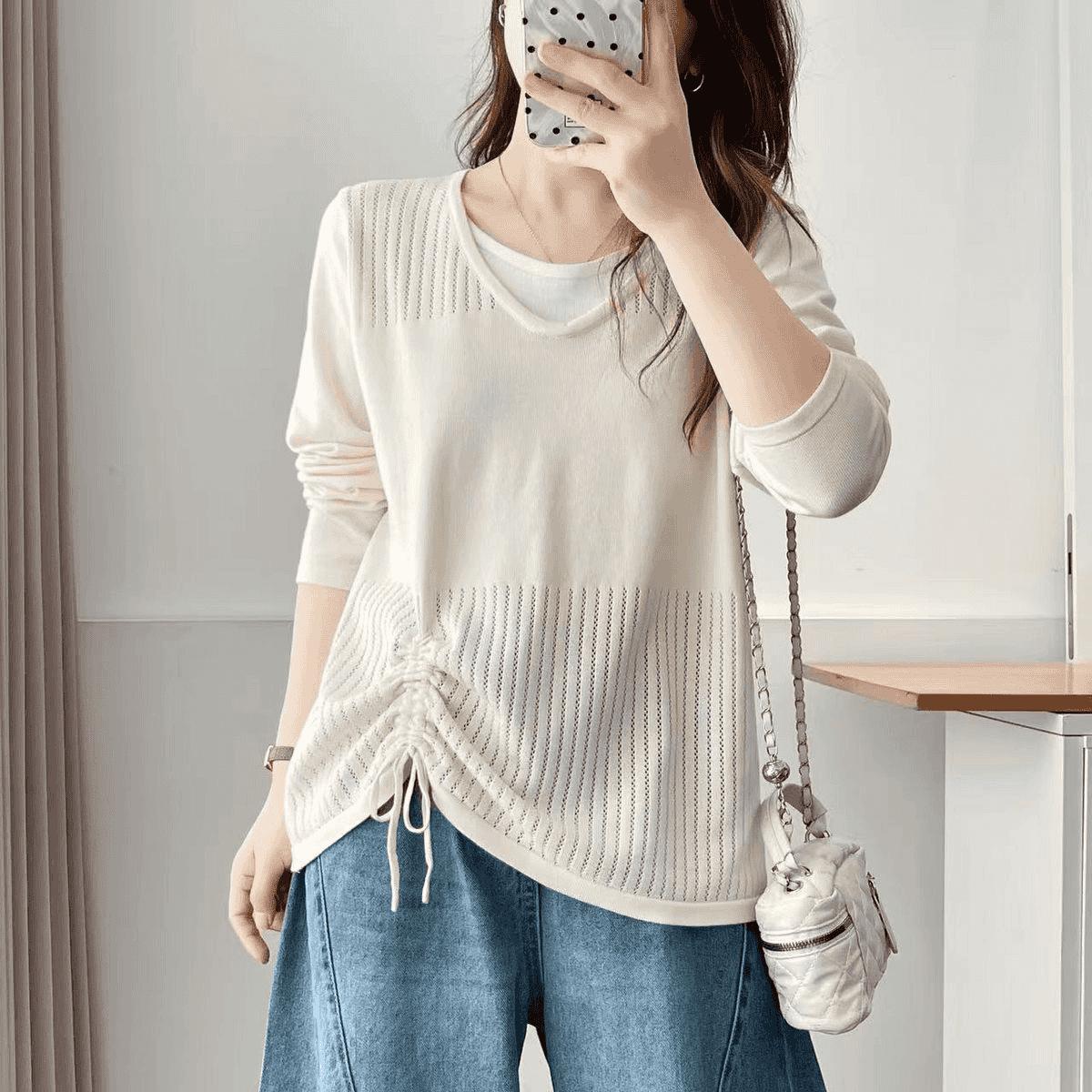 Slightly Plump Plus Size V-Neck Color Block Knitted Sweater with Drawstring, Faux Two-Piece Design, Long Sleeves for Women XL (Recommended for 110-140 lbs)
Slightly Plump Plus Size V-Neck Color Block Knitted Sweater with Drawstring, Faux Two-Piece Design, Long Sleeves for Women XL (Recommended for 110-140 lbs)