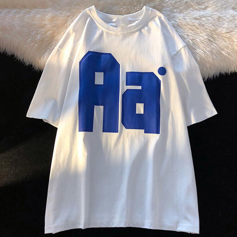 Свободная повседневная женская футболка, летняя новая футболка в американском стиле в стиле ретро, модная футболка для пар, универсальные топы с буквенным принтом, женская футболка