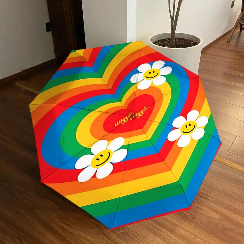 Rainbow Heart Smiley Face Daisy Flower Automatic Opening Folding Umbrella - Portable 3-Fold Design with Iron Frame for Outdoor Use, Festive
Rainbow Heart Smiley Face Daisy Flower Automatic Opening Folding Umbrella - Portable 3-Fold Design with Iron Frame for Outdoor Use, Festive