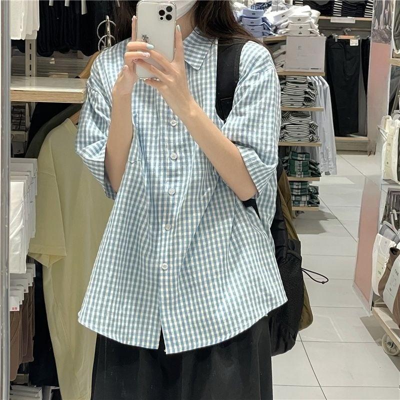 Women s Checkered Short Sleeved Shirts Summer Japanese Casual Pocket Bloues Korean Simple Simple Ladies Shirt S синий
Women s Checkered Short Sleeved Shirts Summer Japanese Casual Pocket Bloues Korean Simple Simple Ladies Shirt S синий