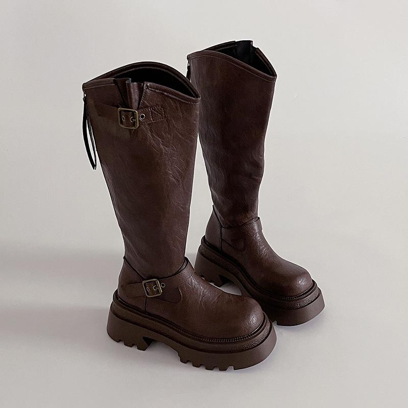 Осень 2025 британский стиль кожаные сапоги платформа ремень с пряжкой рыцарские сапоги женская мода ретро универсальные, но до колена модные сапоги 39 коричневый
