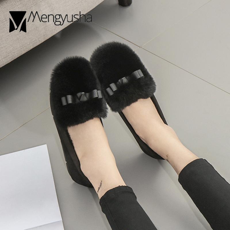 Зимние женские туфли на плоской подошве из кроличьего меха с бантом и плюшевыми мокасинами теплые туфли для беременных хлопковые туфли женские уютные пушистые балетки больших размеров 34-44 4.5