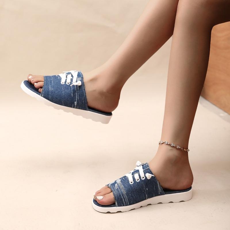 Мода Мода Женская обувь Новое лето Новое Деним Канвас Передний Тонкий ремешок Мягкая подошва Нескользящие Шлепанцы Плоские Слипоны 43 темно-синий