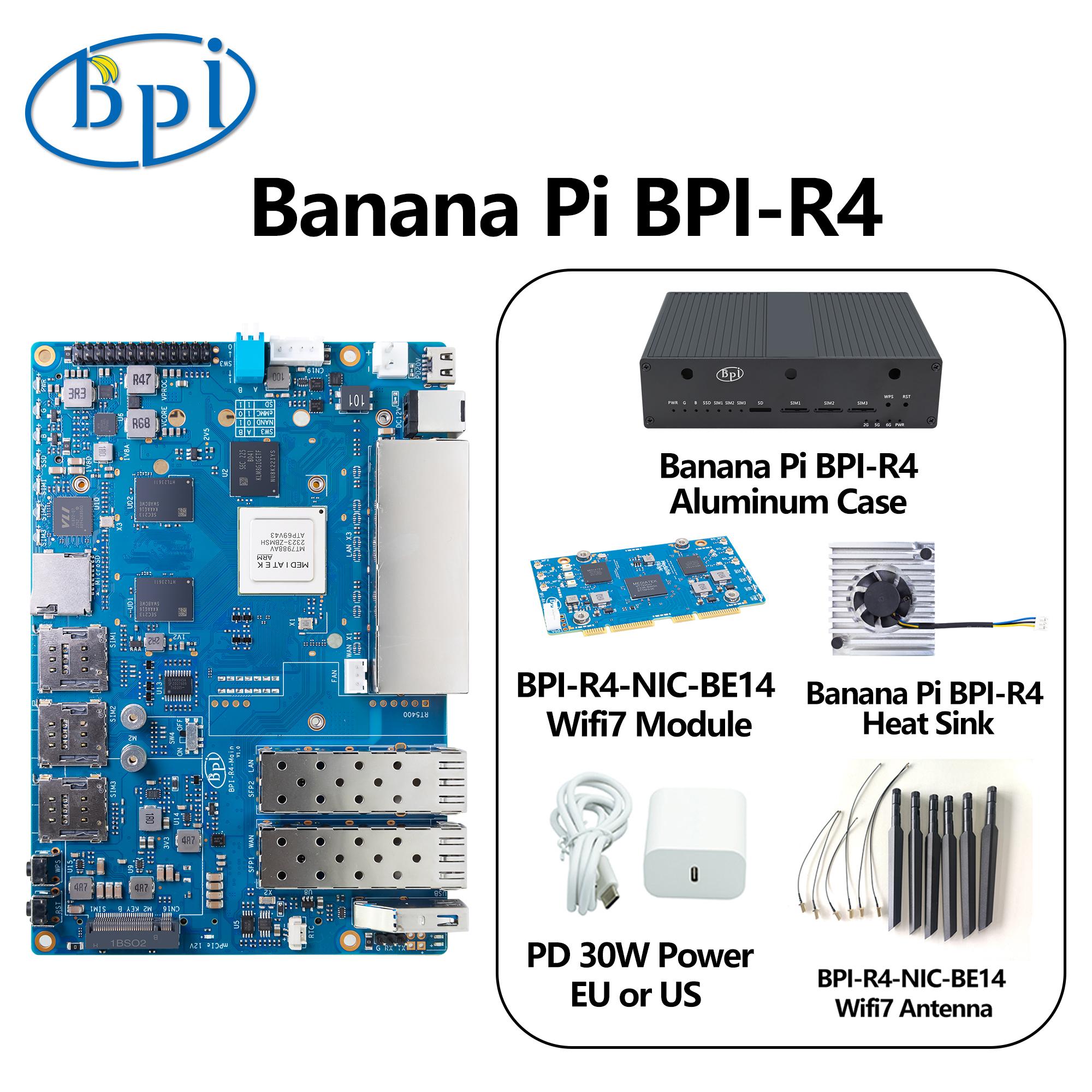Banane pi BPI-R4 media tek mt7988a (filo gic 880) 4-ядерний процесор Corex-A73 4 ГБ DDR4 8 ГБ emmc flash плата розумного маршрутизатора R4 4G SET EU power
Banane pi BPI-R4 media tek mt7988a (filo gic 880) 4-ядерний процесор Corex-A73 4 ГБ DDR4 8 ГБ emmc flash плата розумного маршрутизатора R4 4G SET EU power