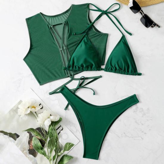 Buy Bikini Set Green Sexy Plus Size Color Hollowed Out Sheer Mesh Three