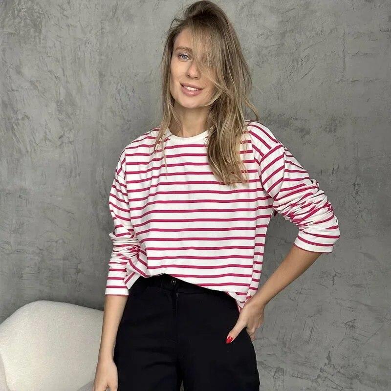 Осенние модные хлопковые полосатые футболки с длинными рукавами для офисных женщин, универсальный мягкий женский топ с круглым вырезом, повседневная свободная одежда 29678 XL восторг
Осенние модные хлопковые полосатые футболки с длинными рукавами для офисных женщин, универсальный мягкий женский топ с круглым вырезом, повседневная свободная одежда 29678 XL восторг