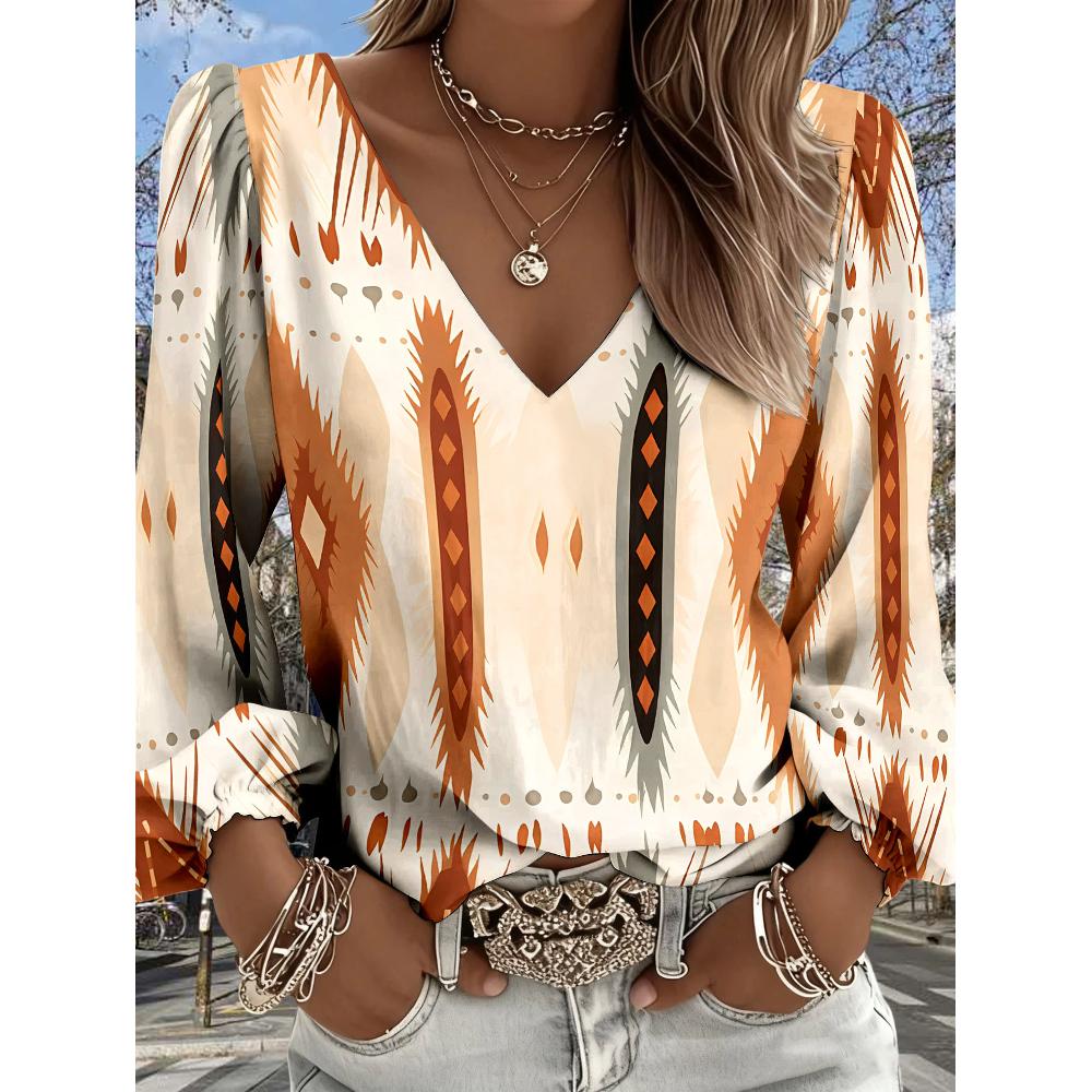 Lady s vintage western-style printed shirt with V-neck and long sleeves design, and Bohemian-style fringed sleeves. XXL
Lady s vintage western-style printed shirt with V-neck and long sleeves design, and Bohemian-style fringed sleeves. XXL