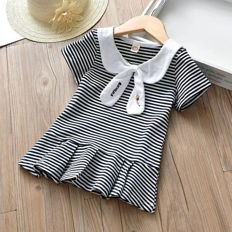 Детское платье для девочек с коротким рукавом в полоску, летнее платье из хлопка, повседневные платья для детей, школьная одежда, детские платья для девочек 130 темно-синий