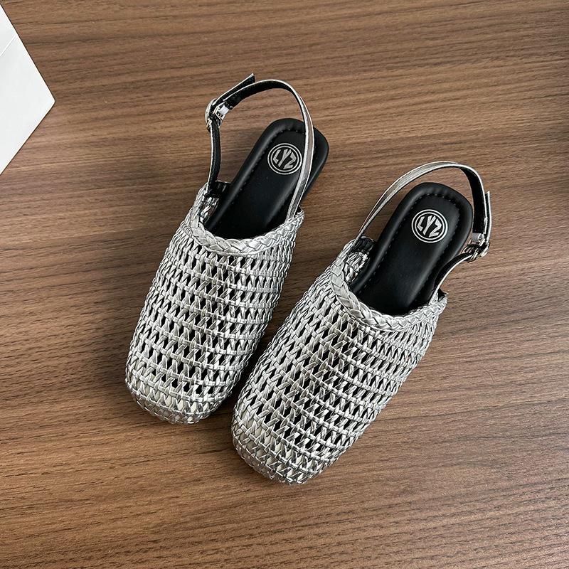 Точечная версия~ Квадратный носок, средний вырез, плетеная сетчатая поверхность, полые и дышащие, на одной педали, пружина Лефу, новая универсальная плоская обувь для весны и лета 39 серебряный
