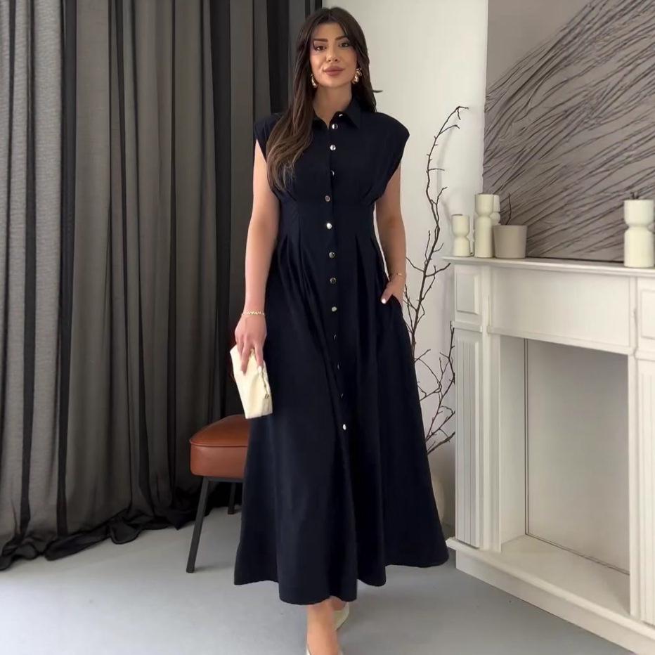**Retro Sleeveless Long Dress with Turn-down Collar and French Button Detail** Medium чорний
**Retro Sleeveless Long Dress with Turn-down Collar and French Button Detail** Medium чорний