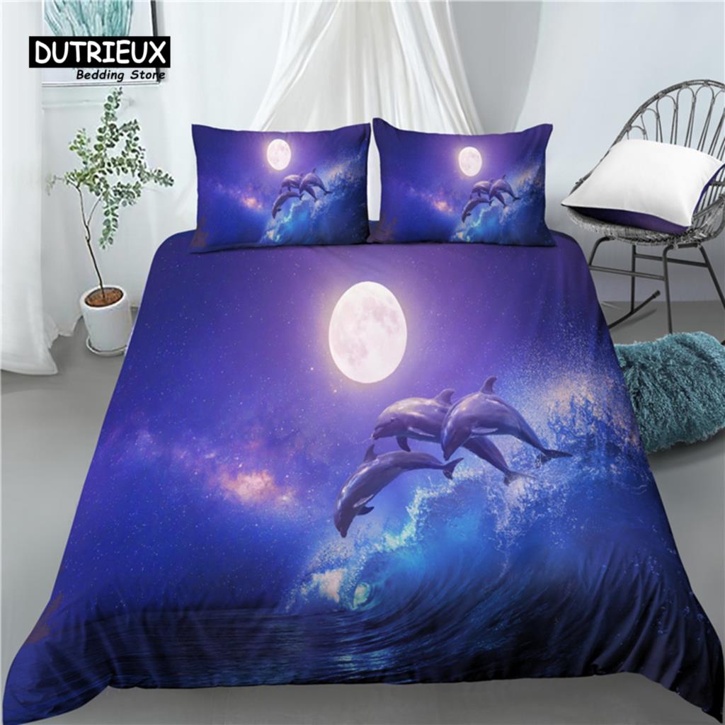 Главная Жизнь Роскошь 3D Принт Дельфин 2/3 шт Удобный Пододеяльник Наволочка Детский Комплект Постельных Принадлежностей Королева и Король Размер AU/EU/US EU single(135x200cm)