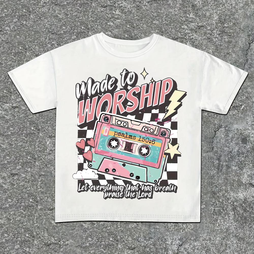 Vintage Cassette Print T-Shirt Made to Worship Psalm 150:6 Slogan Unisex Casual Round Neck Short Sleeve Men Women 100% Cotton 4XL
Vintage Cassette Print T-Shirt Made to Worship Psalm 150:6 Slogan Unisex Casual Round Neck Short Sleeve Men Women 100% Cotton 4XL