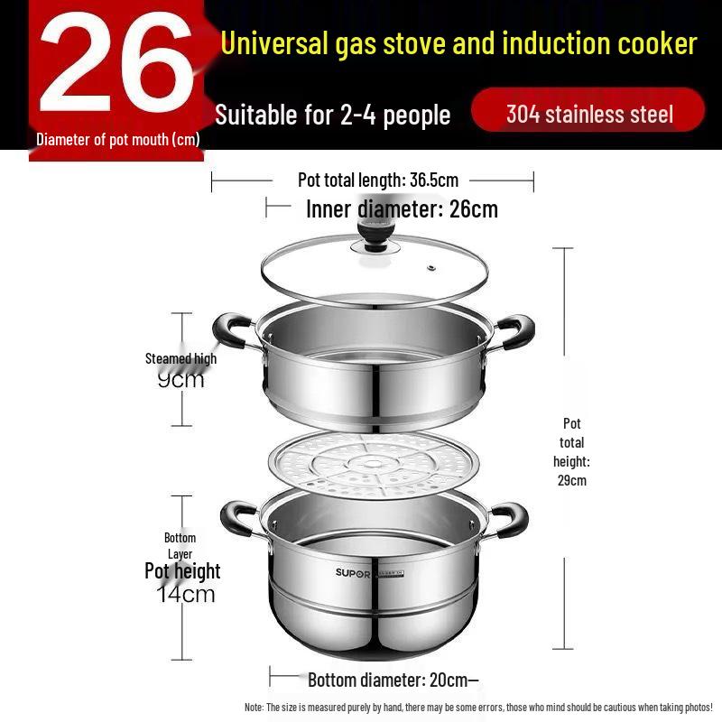 Supor Double-Layer 304 Stainless Steel Steamer with Composite Bottom, 26/28cm Size, Ideal for Steaming and Cooking Soup 26cm
Supor Double-Layer 304 Stainless Steel Steamer with Composite Bottom, 26/28cm Size, Ideal for Steaming and Cooking Soup 26cm