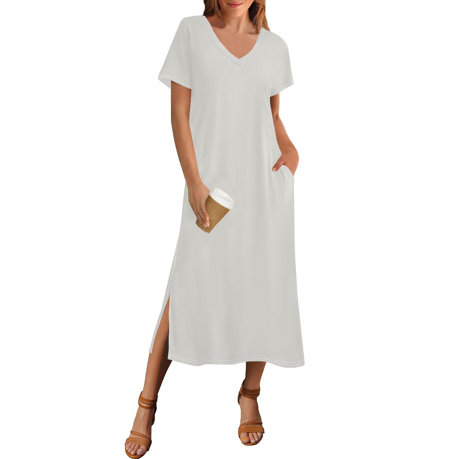 Women s Summer Color Dress Short Sleeve Beach Dress With Pocket Casual V-neck Hem Side Slit Dress XL білий
Women s Summer Color Dress Short Sleeve Beach Dress With Pocket Casual V-neck Hem Side Slit Dress XL білий