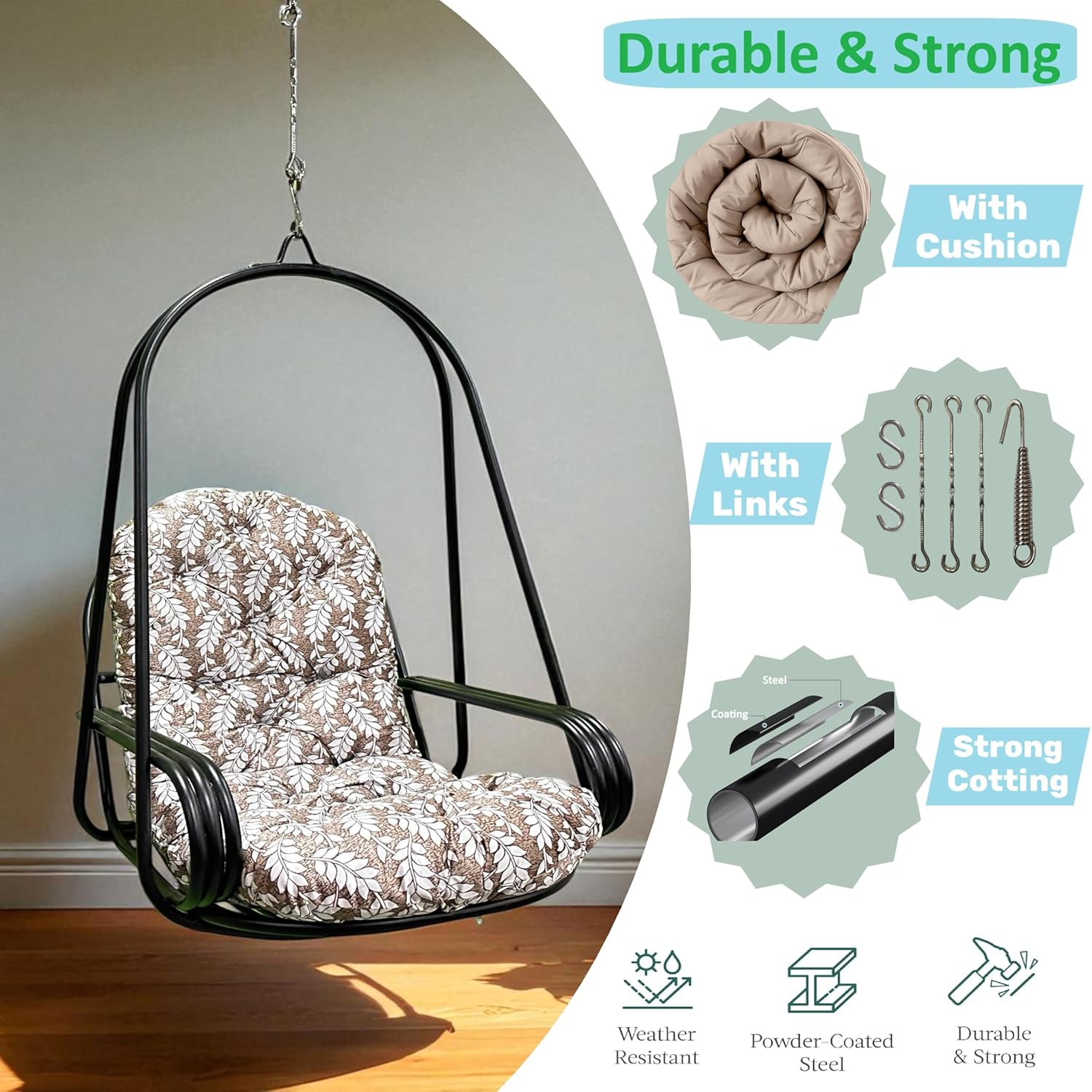 Покрытые черной порошковой краской качели из нержавеющей стали для балкона в помещении/на улице | Грузоподъемность 150 кг, Предварительно собраны, Включают подушку, пружины и звенья