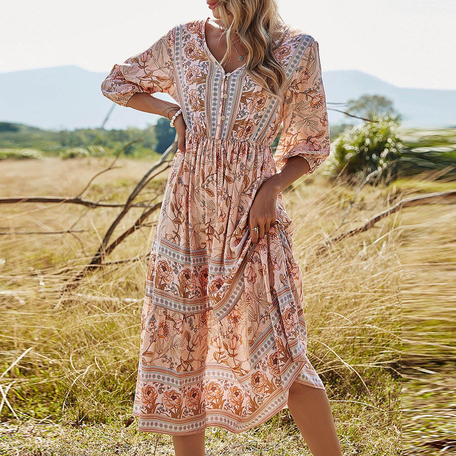 Женский пуловер с v-образным вырезом и свободной талией, богемное повседневное свободное платье с рукавами три четверти L бежевый