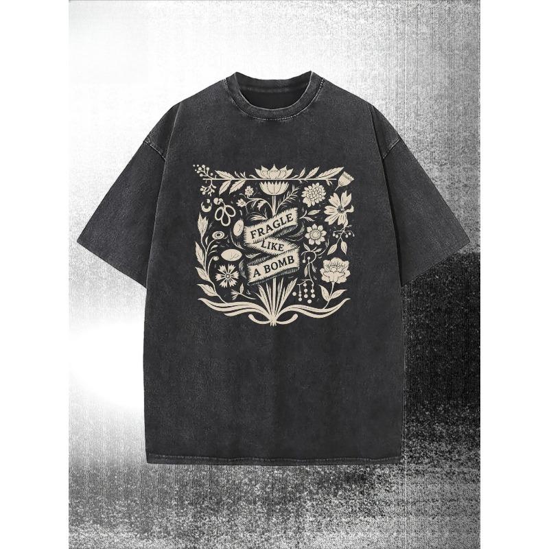 Vintage Faded Black T-Shirt with Beige Botanical print & FRAGILE LIKE A BOMB Slogan - Batik Cotton Short Sleeve Crew Neck Tee S чёрный
Vintage Faded Black T-Shirt with Beige Botanical print & FRAGILE LIKE A BOMB Slogan - Batik Cotton Short Sleeve Crew Neck Tee S чёрный