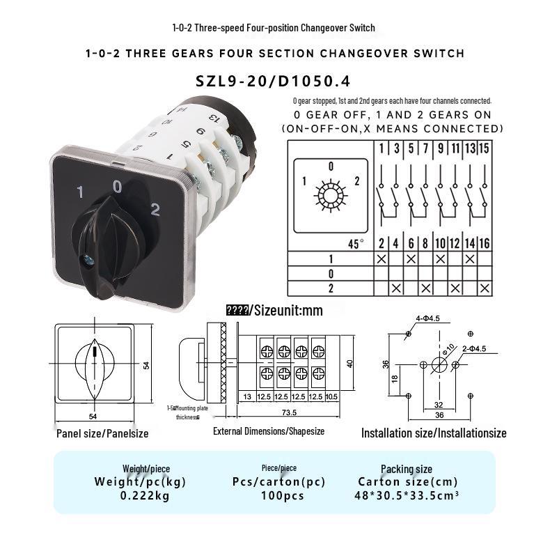 Zhuochao SZL9-20/D1050.4 Rotary Changeover Switch, Equivalent to LW31 GLE9 EP Universal Switch
Zhuochao SZL9-20/D1050.4 Rotary Changeover Switch, Equivalent to LW31 GLE9 EP Universal Switch